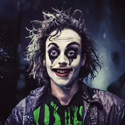 a man dressed as a joker with his head painted white and black