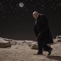 a man walks on top of a rocky hill in front of a full moon