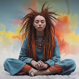 a woman with long red dreadlocks sits on the floor