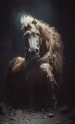 two horses on the same side of their head, one horse jumping over rocks and the other two run galloping around