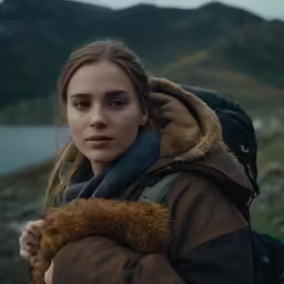 a young lady wearing a brown coat with a fur hood on her head