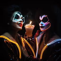 two beautiful woman wearing masks with one holding a drink