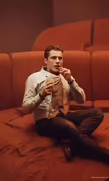 there is a man in a suit tying his tie