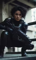 a woman in black leathers poses holding a gun