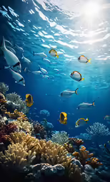 a group of fish swimming across a large ocean