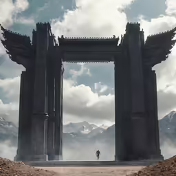 an open gate in the desert with two people standing at the end