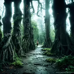 a trail in a forest full of trees with moss