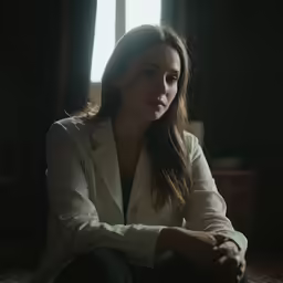 a woman sitting on the ground in a dimly lit room