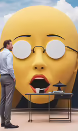the man is standing beside a tall yellow face