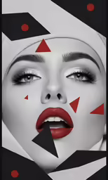 a woman with red lipstick and white face with red triangles