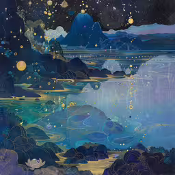 the sky, stars, and clouds make up this landscape,the view from above a mountain to a body of water with a lot of stars above