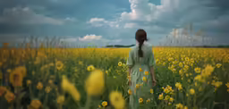 a woman in a field filled with yellow flowers