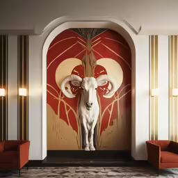 a ram head on the wall of a lobby