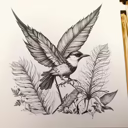 a drawing of a bird sitting on a branch with leaves