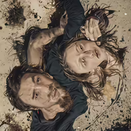 a man and woman laying on the ground with their arms around each other