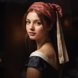 a woman with an orange turban stands in front of a dark backdrop