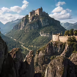 a castle atop a very tall mountain near some trees