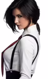a woman in suspenders with her hands on her hips