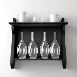 a shelf holding three glass vases and cups