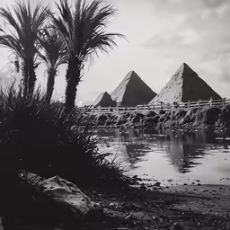 an egyptian landscape of four pyramids sitting in the background