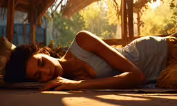 the young lady is laying on the floor sleeping,a woman laying down in a white top and tan shorts