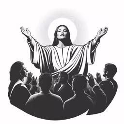 the jesus standing above a crowd with arms outstretched