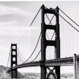 the tall bridge is in black and white