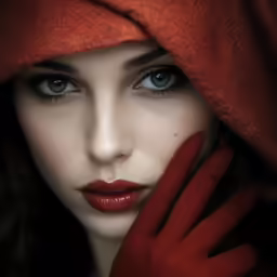 a woman with her hands in her face, posing with a red dress and shawl on her head