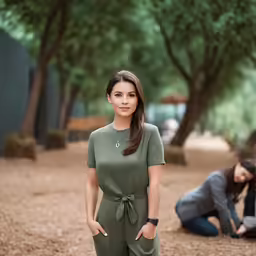 a woman in green jumpsuit poses for a picture