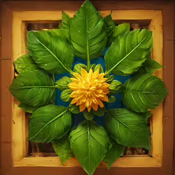 a photograph taken from above with a flower and leaves,this is a fake wreath made with a yellow flower
