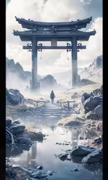 an illustration of a person standing on rocks, and looking over water