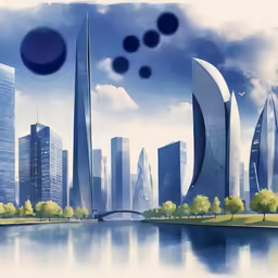 the futuristic city skyline of a modern city is shown