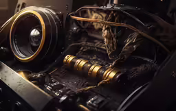 a camera is surrounded by other objects