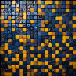 a black and yellow wall has lots of tiles