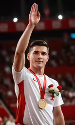 the olympic athlete is waving his hands in celebration