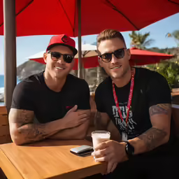 two men sitting next to each other at a table with umbrellas
