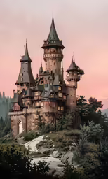 a very large castle like building sitting in the forest