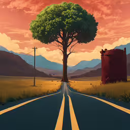 an illustration of a tree sitting next to a road,a long road with two yellow lines on the sides