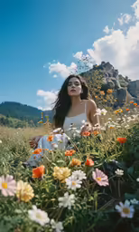 a woman sitting in the grass with a mountain behind her