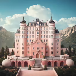 the image depicts the pink building in the center of the trees and mountains