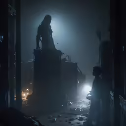 a man in a darkened room standing next to a soldier