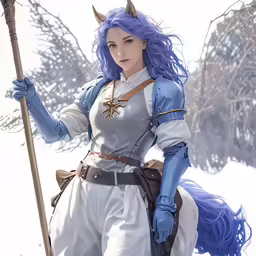 a woman in blue and white costume holding a staff