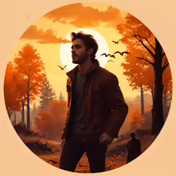 a painting of a man standing in front of an autumn sunset