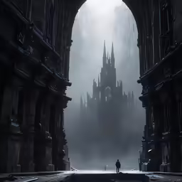 a castle surrounded by fog with a person walking into it