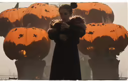 woman in black long coat and orange lanterns behind her