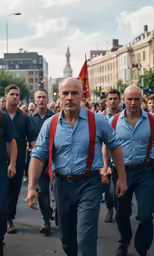 men in suspenders are walking down the street