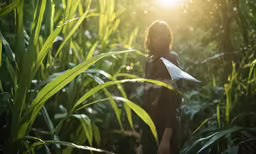 a woman is walking through tall grass and holding papers