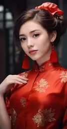 a woman wearing a red gown and earrings