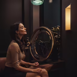 the woman sitting in front of a clock with her hand on her knees