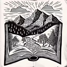 a hand drawn book open to a mountain view,an illustration in black and white of mountains, trees and a man lying on the ground